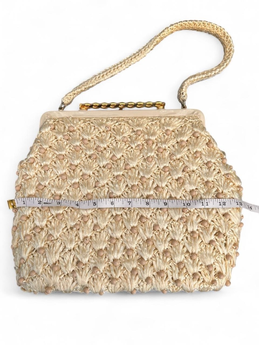 Vintage Cream Woven Beaded Raffia Hinge Handbag Ivory Bridal Beach Accessory 60s - Picture 7 of 7